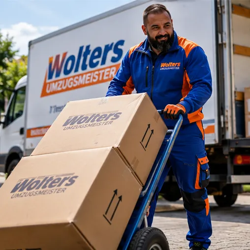 Umzugskartons auf der Sackkarre vor dem Lkw – Umzug in Einbeck